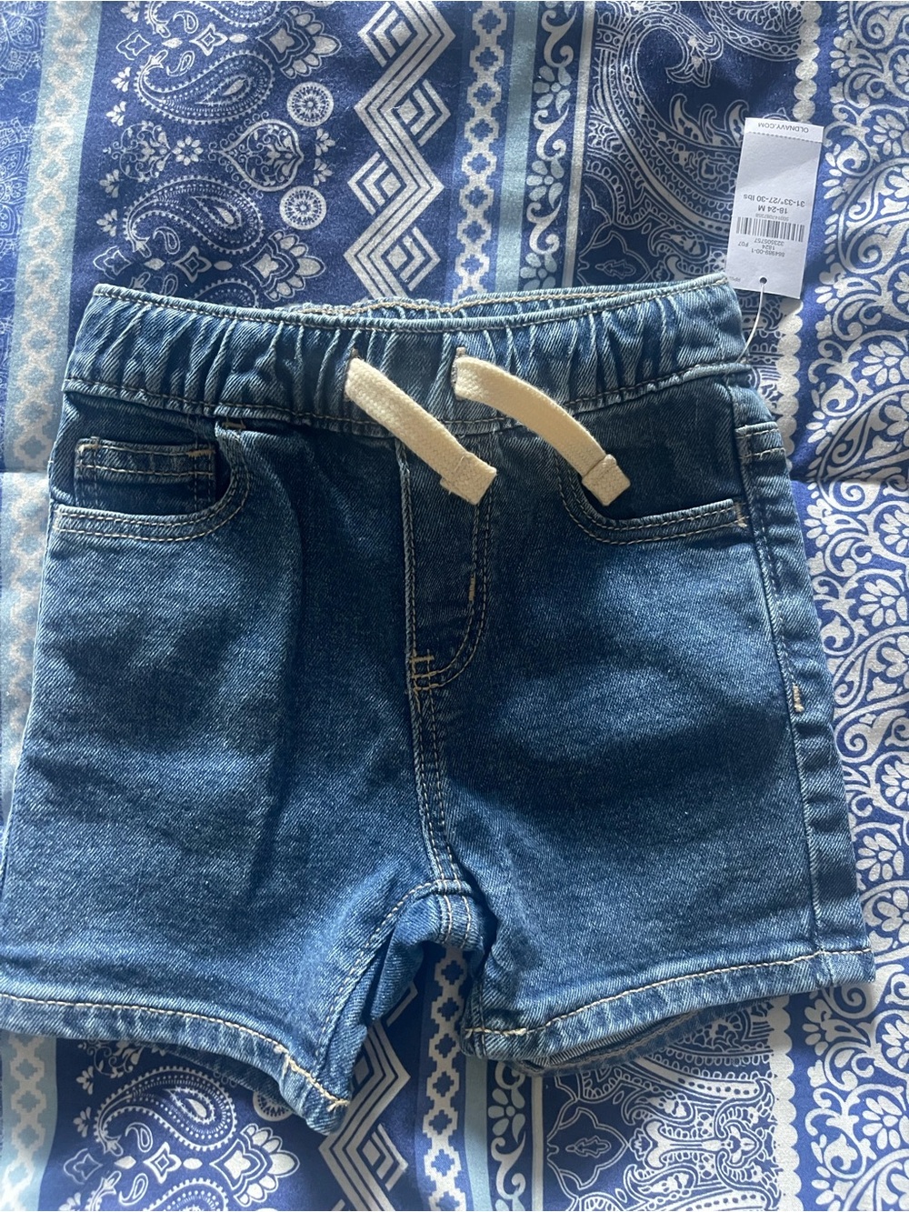 Old Navy Blue Denim Pull-On Shorts with Cream Drawstring